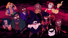 a group of cartoon characters are standing next to each other and one of them has the letter k on his chest