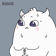 a cartoon drawing of a white monster with horns and purple eyes