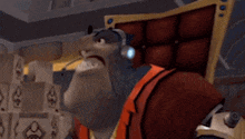 a cartoon character wearing headphones is sitting in a chair in a room .