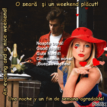 a picture of a woman blowing a kiss and a man sitting behind her with the caption " an evening and a nice weekend "