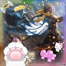 a picture of a man with a crown on his head and a teddy bear with a hello kitty sticker