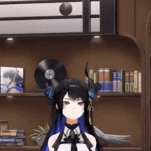 a girl with long black hair and horns is standing in front of a bookshelf