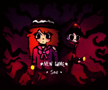 a cartoon drawing of a girl and a man with the words new game and sair written on the bottom