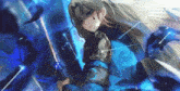 a woman in armor is holding a sword in a blue background .