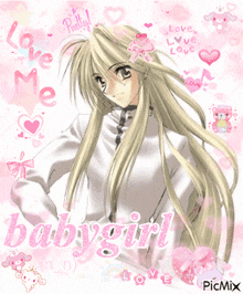 a picture of a girl with long blonde hair and the word babygirl