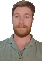a man with a beard wearing a green shirt looks at the camera