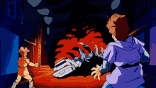 a cartoon drawing of two people looking at a burning vehicle
