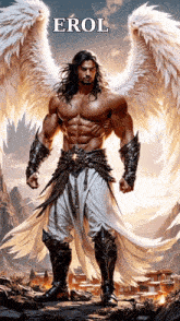a muscular man with white wings and the name erol
