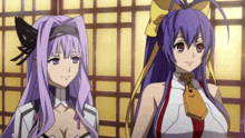 two anime girls are standing next to each other and one has a yellow bow in her hair