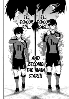 two soccer players are standing next to each other with the words `` i 'll devour rin ... ''