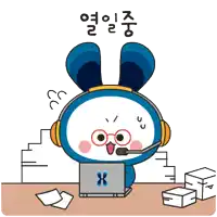 a cartoon of a rabbit wearing headphones and a microphone sitting in front of a laptop