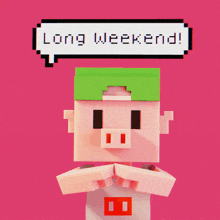 a pixel art pig with a green hat and a speech bubble that says long weekend