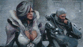 a man and a woman are sitting next to each other . the woman has purple hair and the man has silver hair .