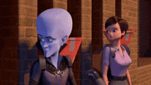 a cartoon character standing next to a woman with a backpack