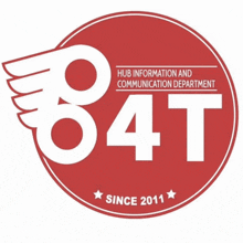 a red logo for the hub information and communication department