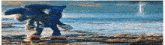 a stuffed animal of sonic the hedgehog is running on the beach .