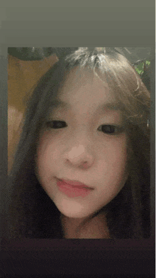 a close up of a girl 's face with long hair and black eyes