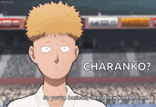 a cartoon character says " charanko " in front of a crowd in a stadium