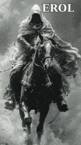 a man in a hooded cape is riding a horse with the name erol written above him