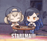 two anime girls are sitting at a table with plates of food and the words starema written on the bottom .