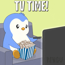 a penguin is sitting in a chair eating popcorn and watching tv with the words " tv time " above him
