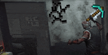a video game character is holding a pickaxe and a pixelated image of a man with a cross on his chest