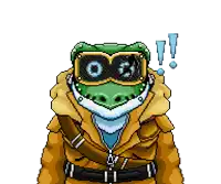 a pixel art drawing of a frog wearing goggles and a jacket