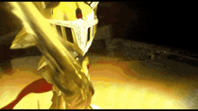 a knight with a sword and a helmet is standing in the dark