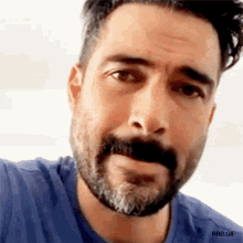 a close up of a man 's face with a beard wearing a blue shirt .