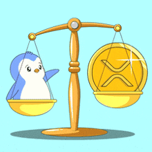 a penguin is sitting on a scale next to a coin with the letter x on it
