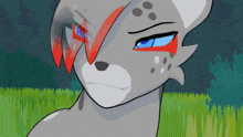 a cartoon drawing of a gray and white animal with blue eyes