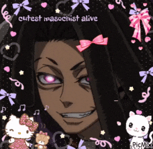 a picture of a person with a hello kitty bow in their hair and the words cutest masochist alive