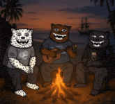 a cartoon of three leopards sitting around a fire