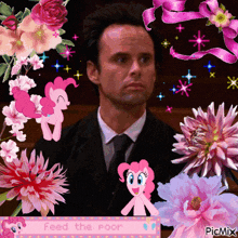 a man in a suit and tie is surrounded by pink flowers and a pinkie pie