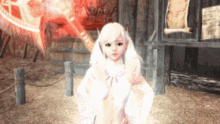 a girl in a white dress is standing in front of a red axe