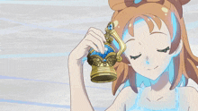 a girl in a blue dress is holding a trophy with music notes coming out of it
