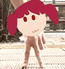 a person holding a cartoon character with pink hair and red eyes