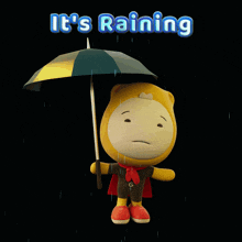 a cartoon character holding an umbrella in the rain with the words it 's raining behind him
