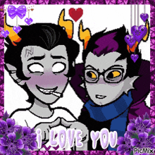 a pixel art of two trolls making a heart with the words i love you