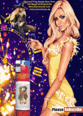 a woman in a yellow dress holds a glass of wine in front of a clock