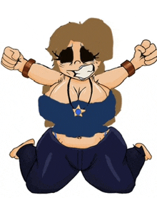 a cartoon drawing of a woman kneeling down with her arms in the air