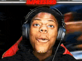 a man wearing headphones with the word impressed on the top