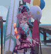 a girl in a purple dress stands in front of a surfboard and balloons
