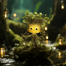 a tree with a light on its head is sitting on a rock