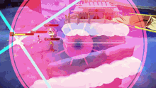 a video game is being played in a pink circle