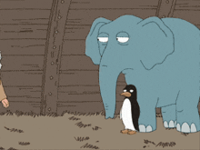 a cartoon of a man standing next to an elephant and a penguin with the words " what the hell " above them