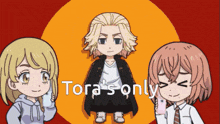 three anime characters are standing next to each other with the words tora 's only in the corner