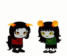 a couple of cartoon characters standing next to each other .
