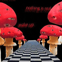 a bunch of red mushrooms with eyes on them are standing on a checkered floor .