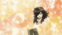 a cartoon girl with long black hair is standing in front of a yellow background .